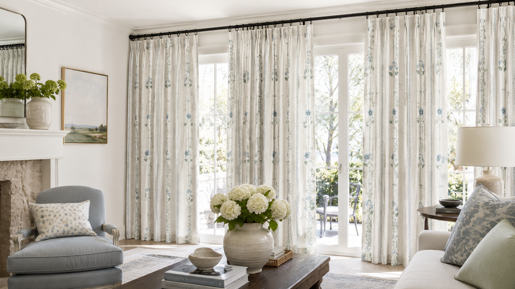 White and Green Linen Drapes with Hooks - Two Panel Set