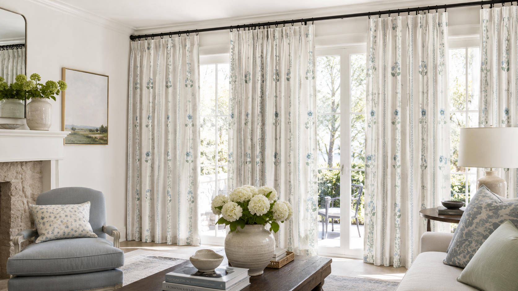 White and Green Linen Drapes with Hooks - Two Panel Set