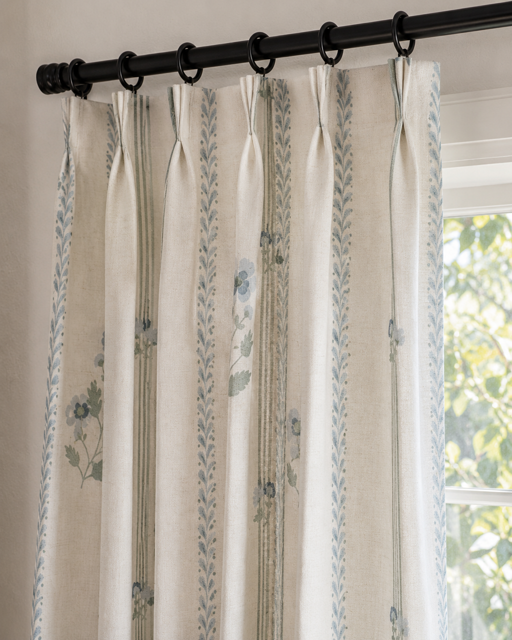 White and Green Linen Drapes with Hooks - Two Panel Set