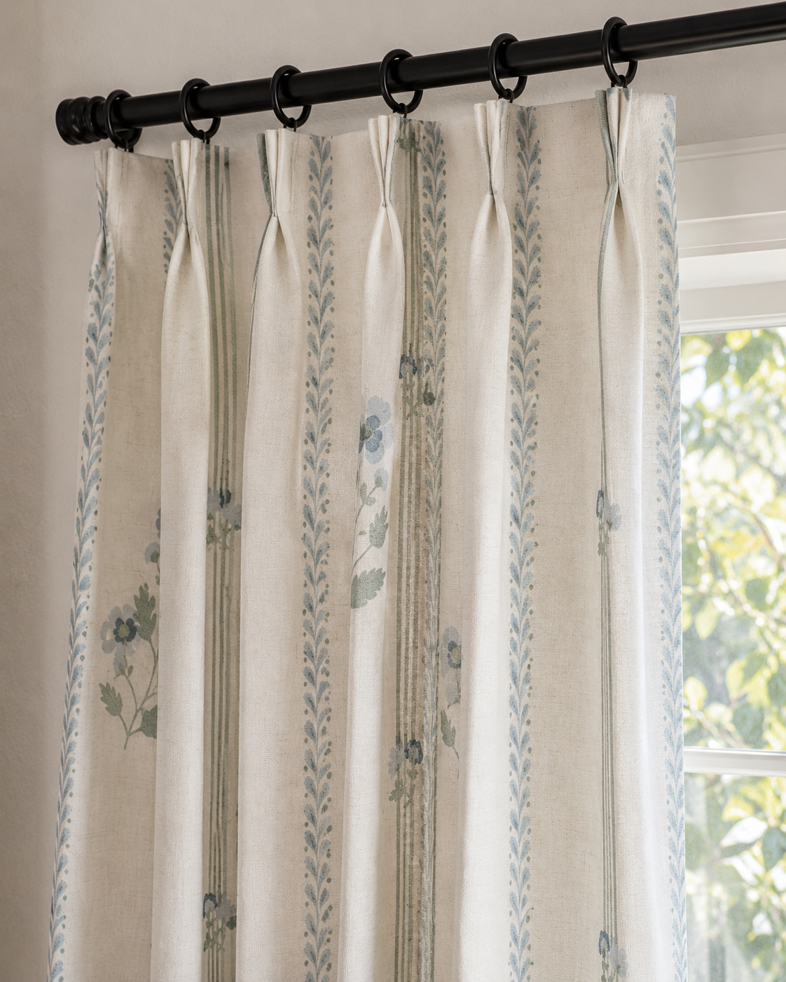 White and Green Linen Drapes with Hooks - Two Panel Set