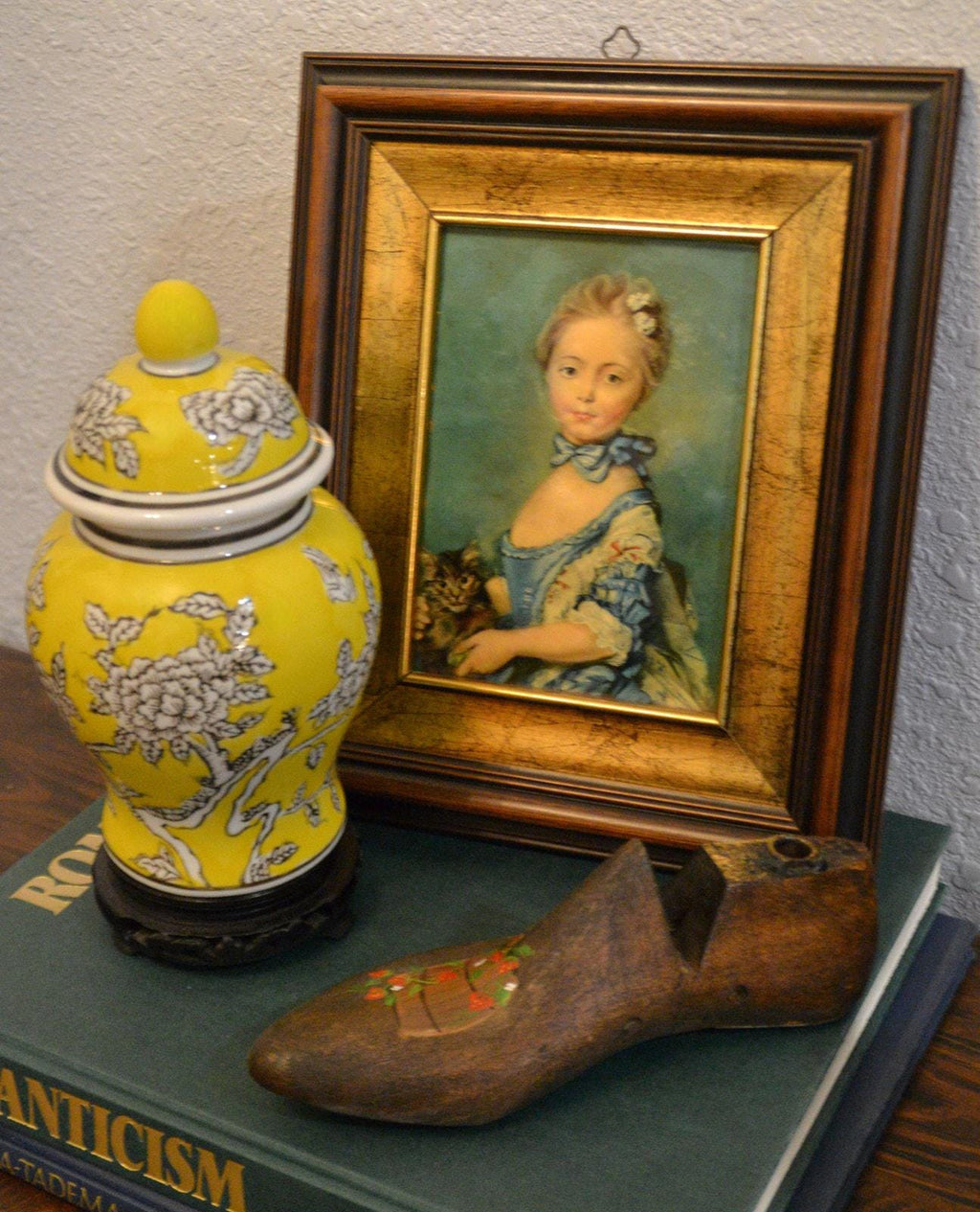 8" Yellow Floral Ginger Jar with Wooden Stand – Decorative Chinoiserie Accent Piece