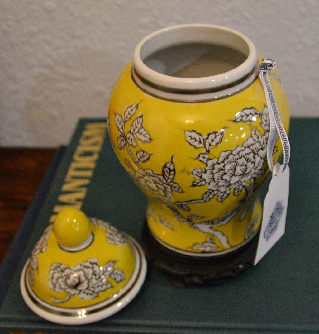 8" Yellow Floral Ginger Jar with Wooden Stand – Decorative Chinoiserie Accent Piece