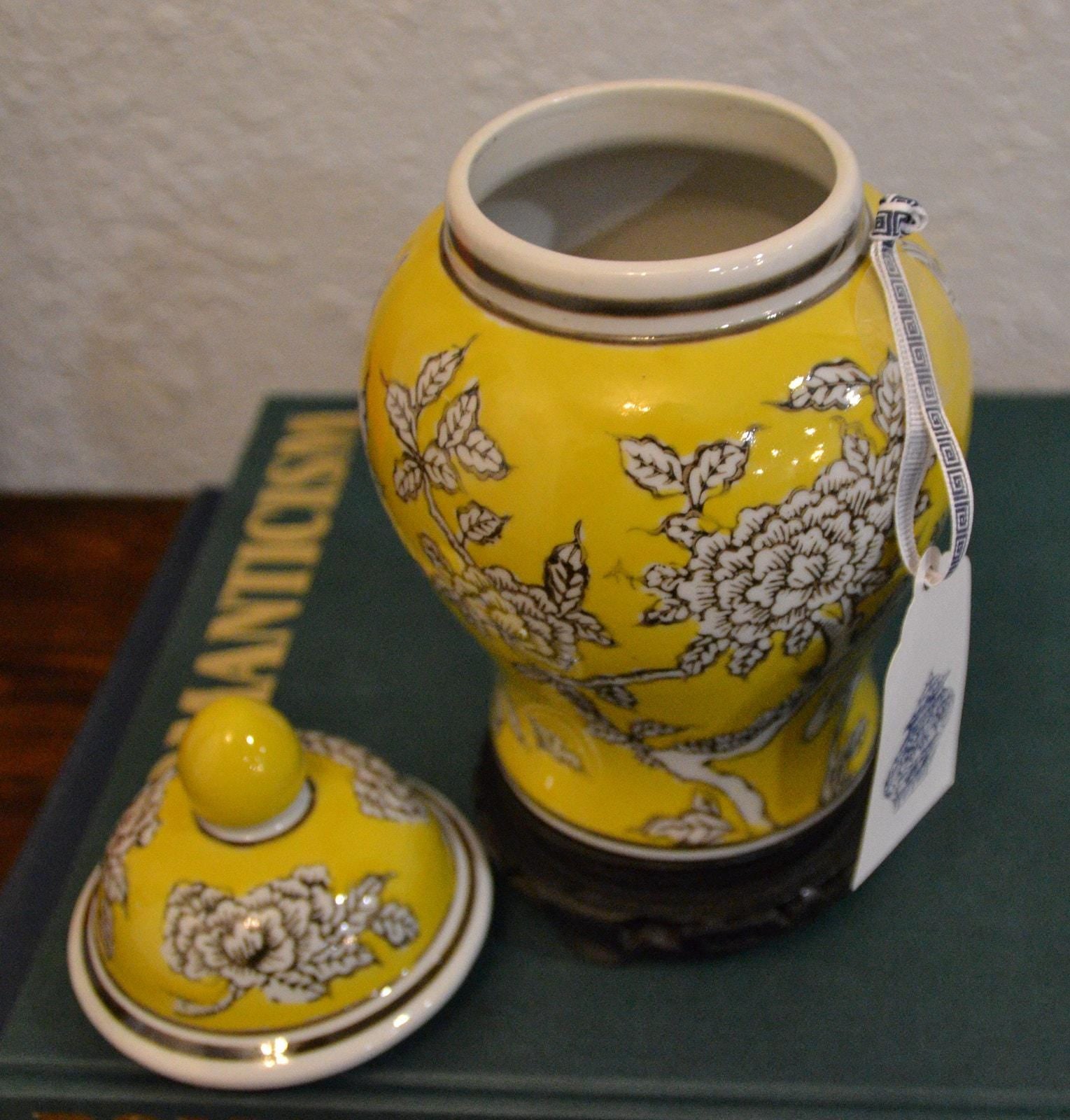 8" Yellow Floral Ginger Jar with Wooden Stand – Decorative Chinoiserie Accent Piece
