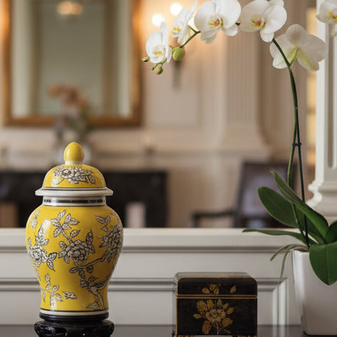 8" Yellow Floral Ginger Jar with Wooden Stand – Decorative Chinoiserie Accent Piece