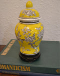 8" Yellow Floral Ginger Jar with Wooden Stand – Decorative Chinoiserie Accent Piece