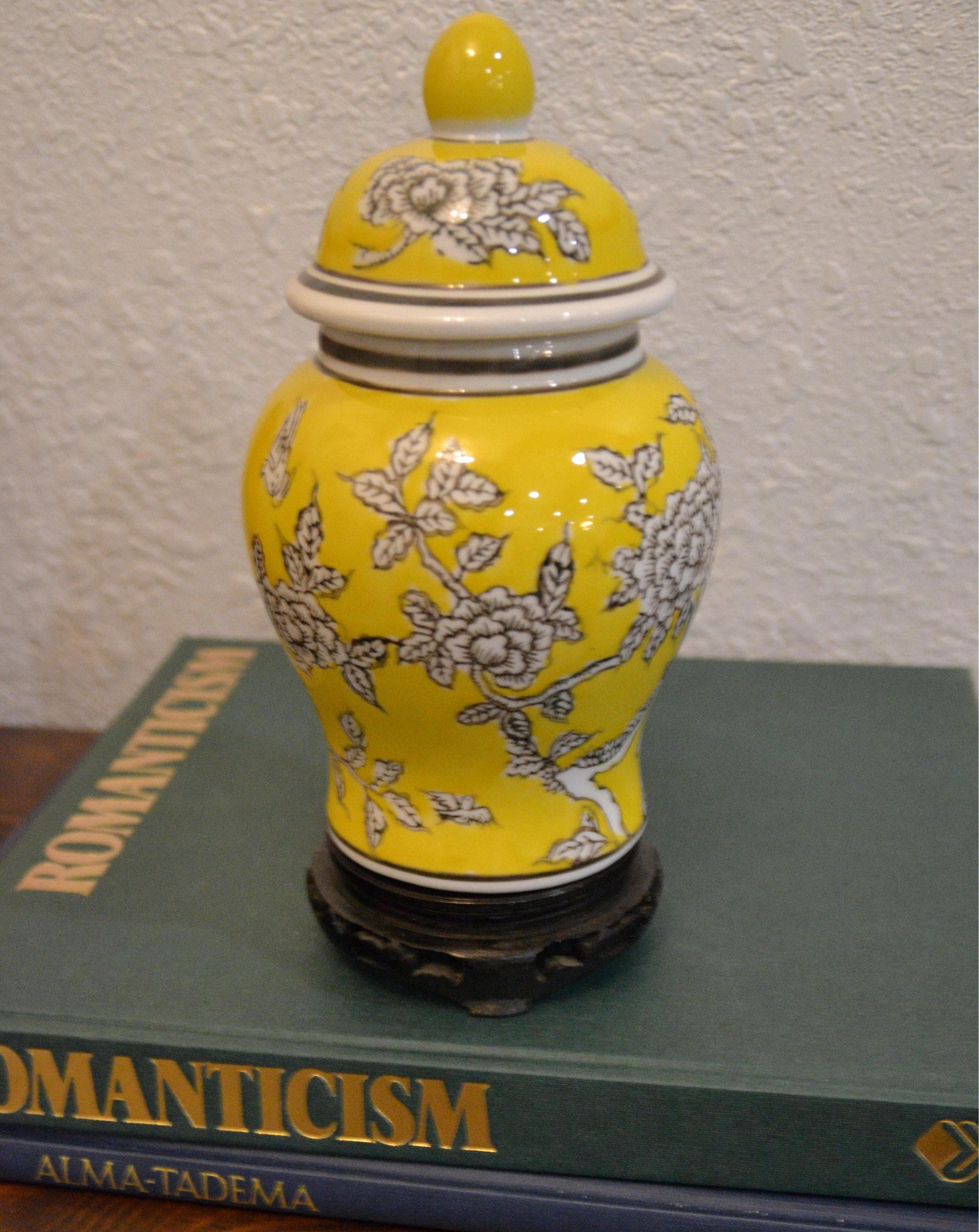 8" Yellow Floral Ginger Jar with Wooden Stand – Decorative Chinoiserie Accent Piece