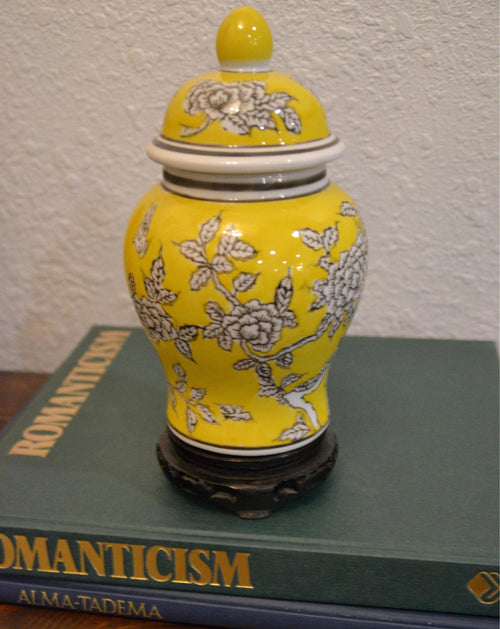 8" Yellow Floral Ginger Jar with Wooden Stand – Decorative Chinoiserie Accent Piece
