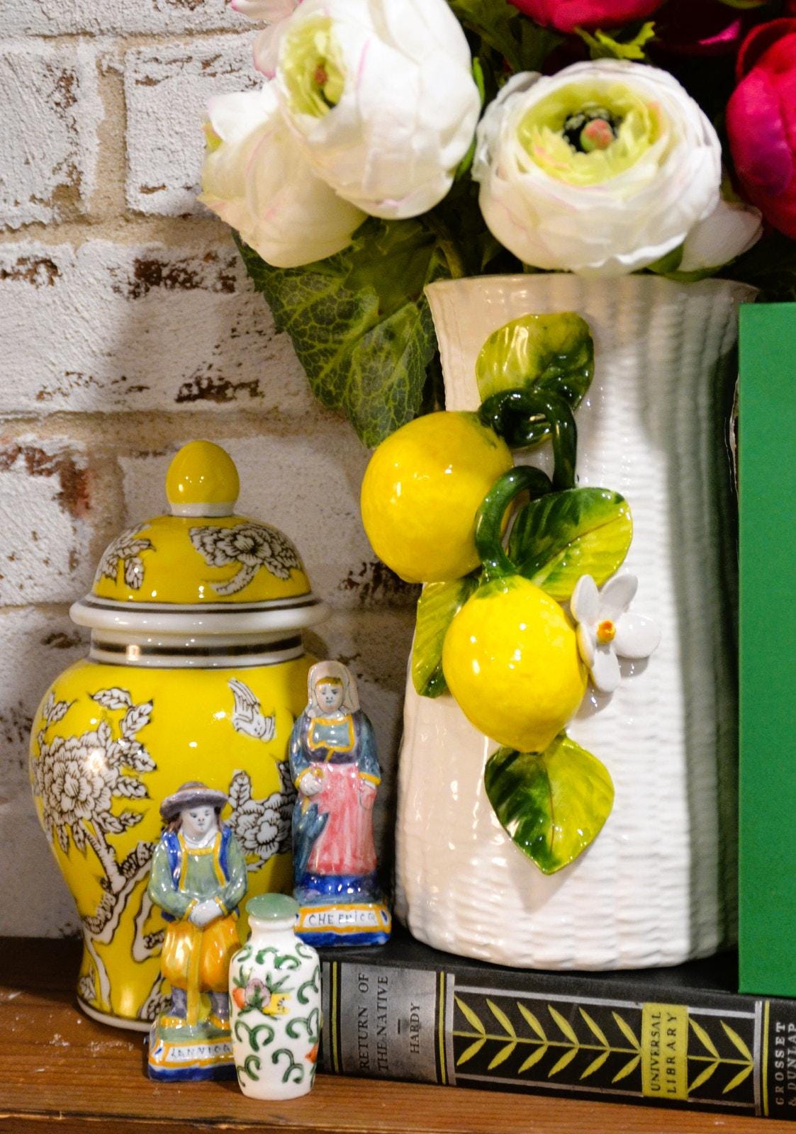 8" Yellow Floral Ginger Jar with Wooden Stand – Decorative Chinoiserie Accent Piece
