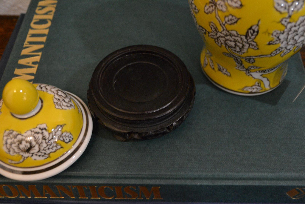 8" Yellow Floral Ginger Jar with Wooden Stand – Decorative Chinoiserie Accent Piece