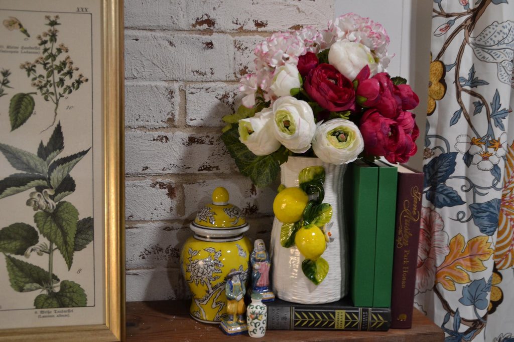 8" Yellow Floral Ginger Jar with Wooden Stand – Decorative Chinoiserie Accent Piece