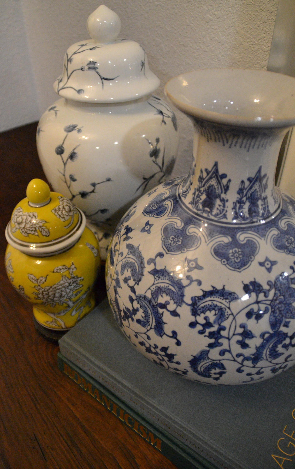 8" Yellow Floral Ginger Jar with Wooden Stand – Decorative Chinoiserie Accent Piece