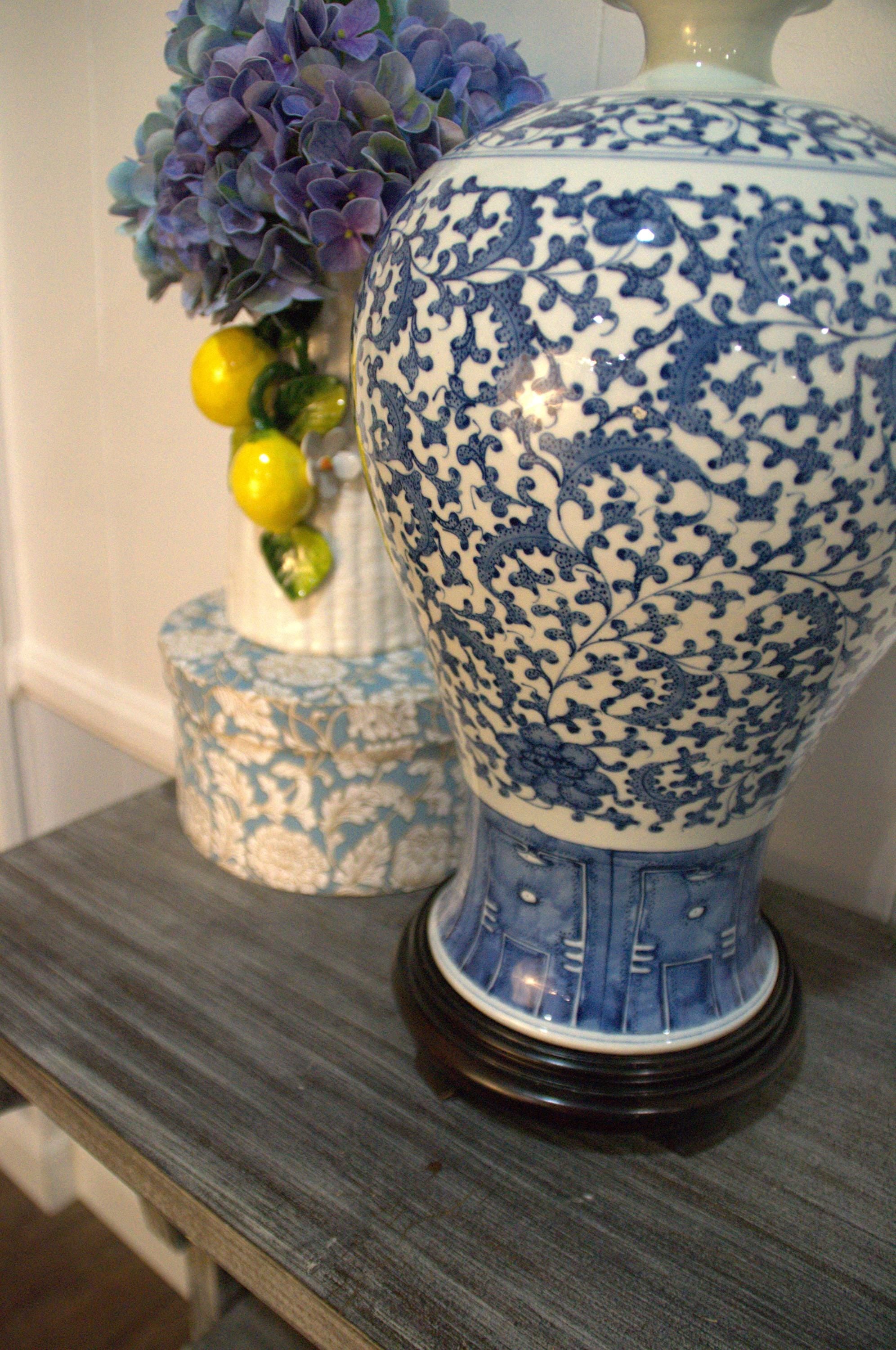 Vintage Blue and White Chinese Porcelain Meiping Vase - Floral Design with Wood Stand