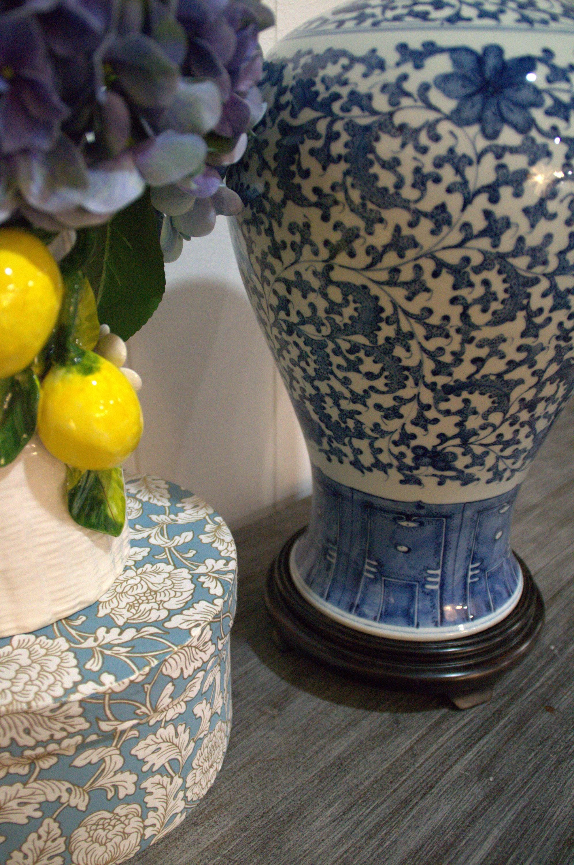 Vintage Blue and White Chinese Porcelain Meiping Vase - Floral Design with Wood Stand