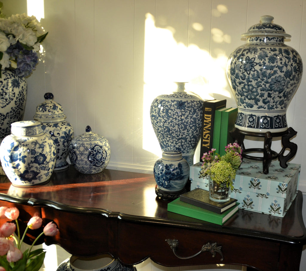Vintage Blue and White Chinese Porcelain Meiping Vase - Floral Design with Wood Stand