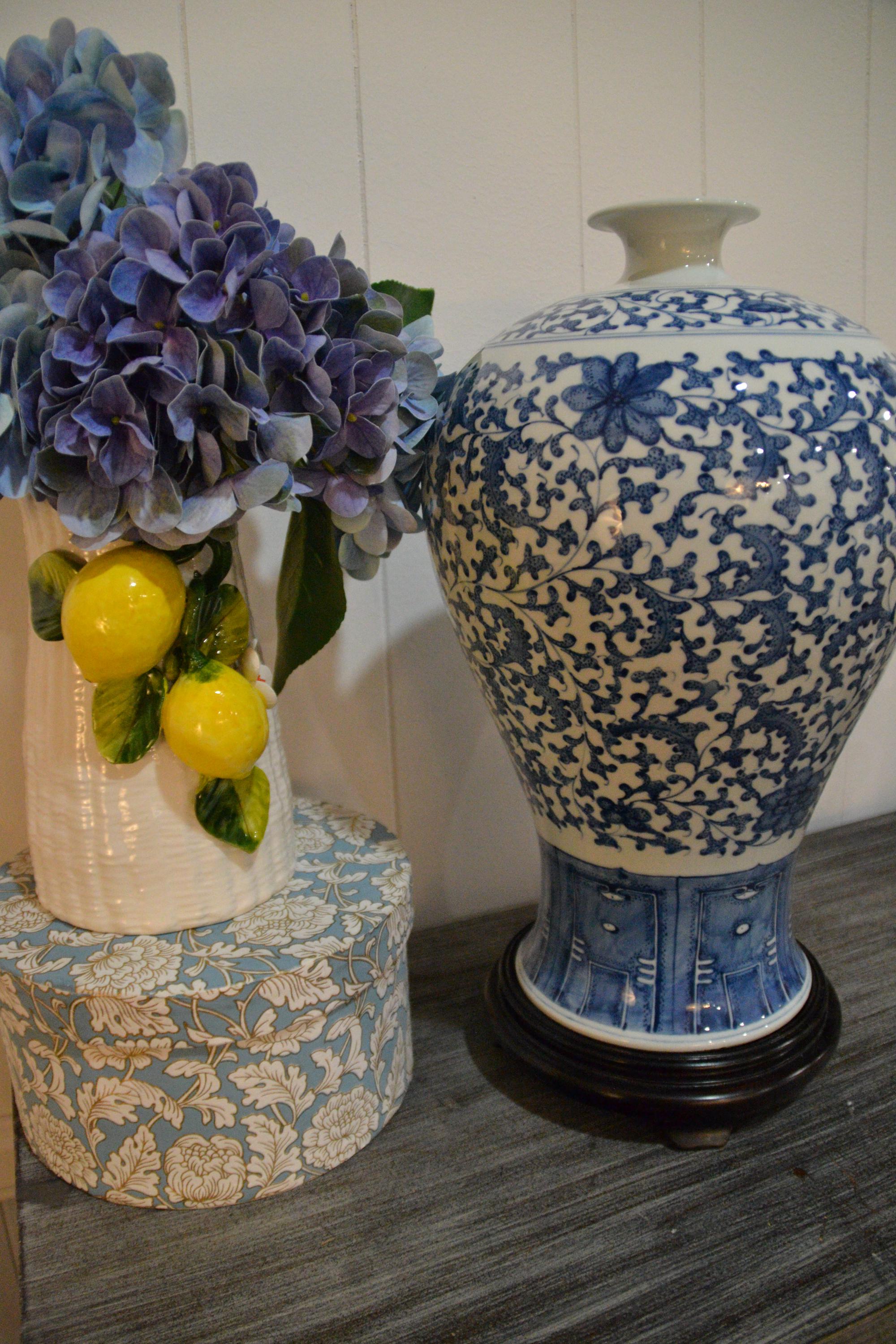 Vintage Blue and White Chinese Porcelain Meiping Vase - Floral Design with Wood Stand