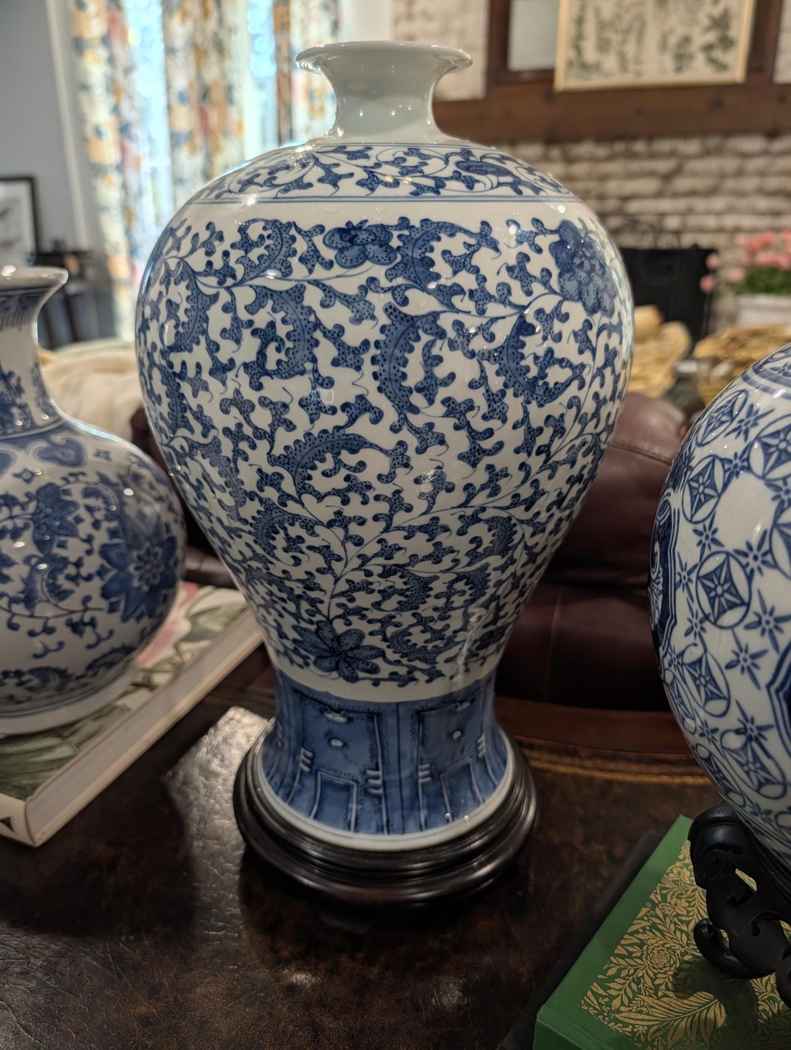 Vintage Blue and White Chinese Porcelain Meiping Vase - Floral Design with Wood Stand