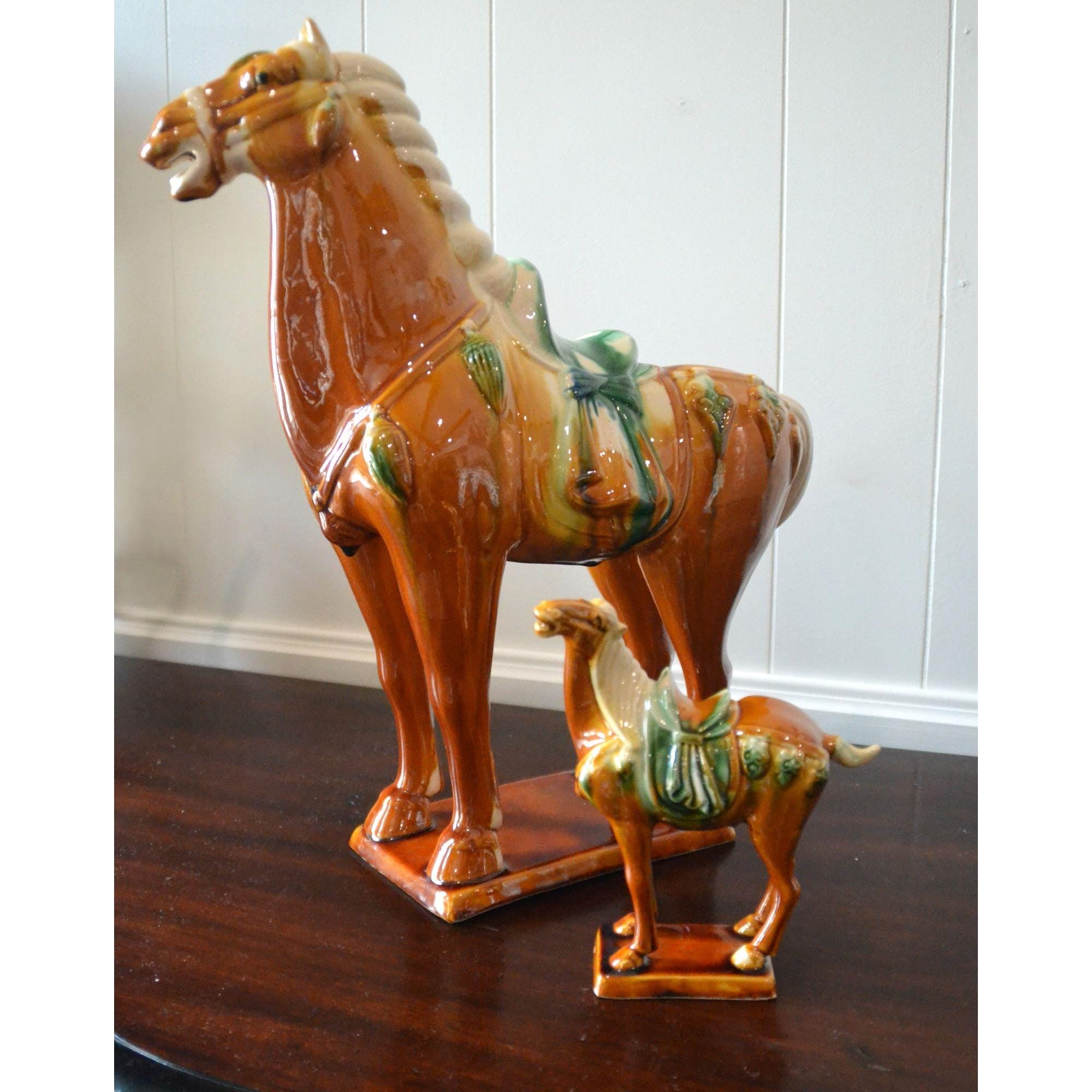 Vintage Tang Horse Figurines Pair 14.5 Inch Tall Chinese, Mid Century Asian Decor