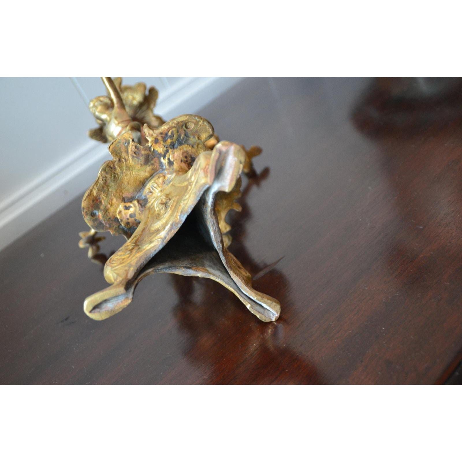 Baroque Antique French  candle holder 19th Century Bronze with Cherubs Doves