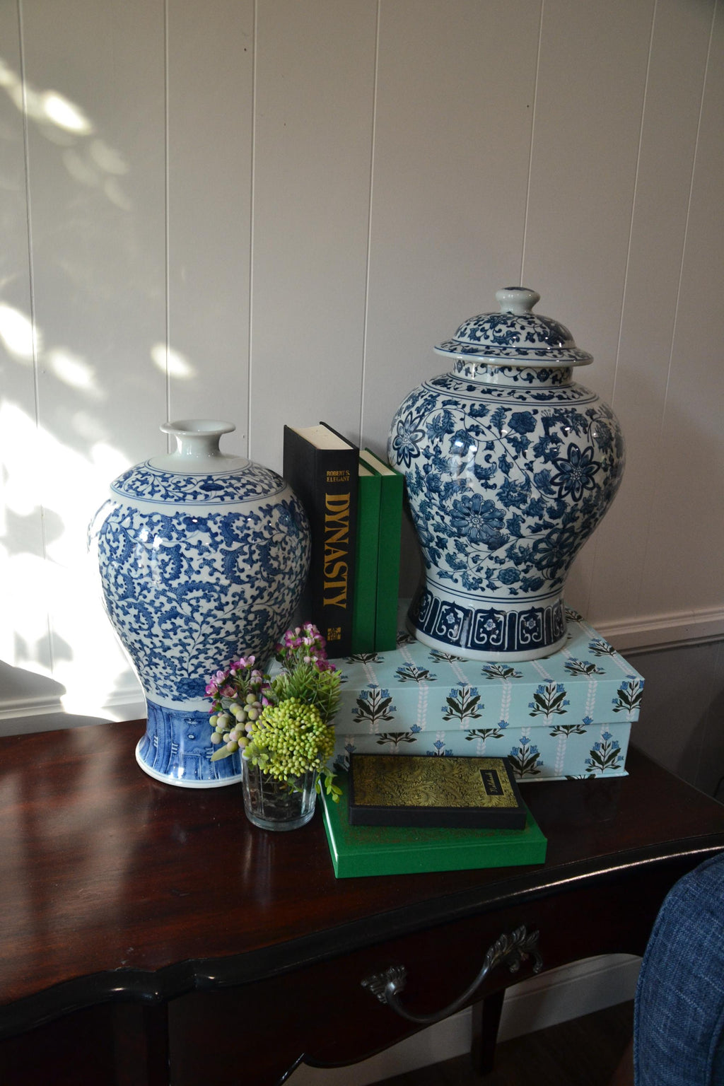 Vintage Blue and White Chinese Porcelain Meiping Vase - Floral Design with Wood Stand