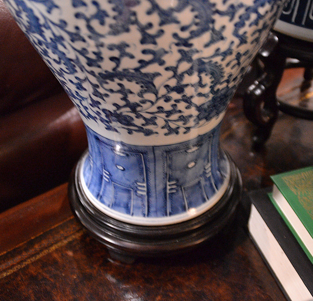 Vintage Blue and White Chinese Porcelain Meiping Vase - Floral Design with Wood Stand