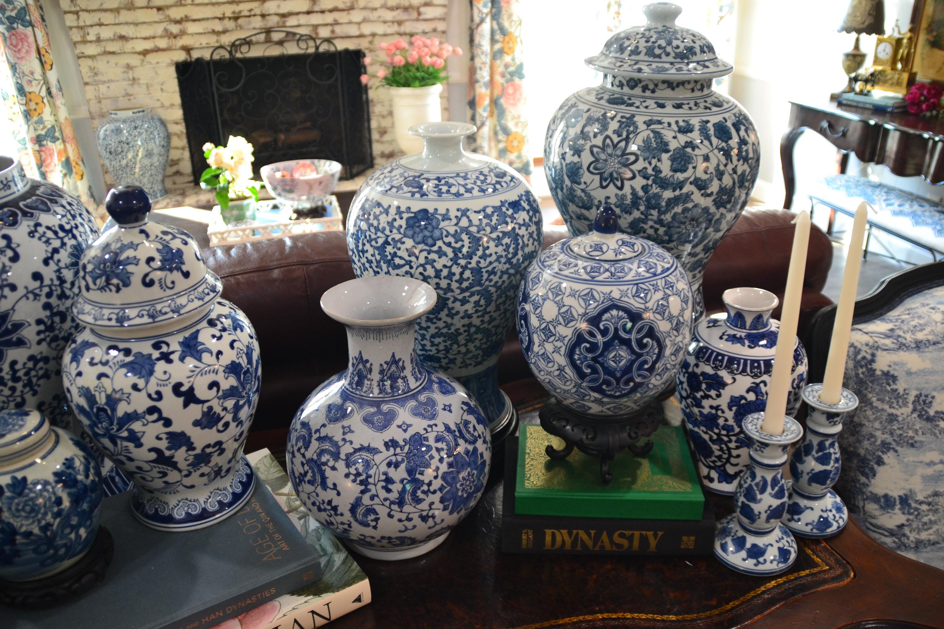Vintage Blue and White Chinese Porcelain Meiping Vase - Floral Design with Wood Stand