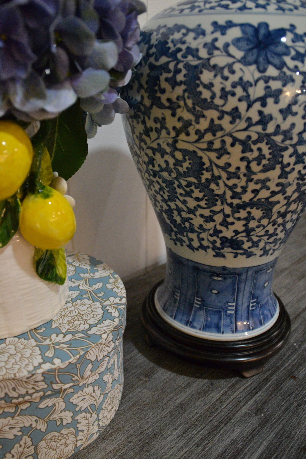 Vintage Blue and White Chinese Porcelain Meiping Vase - Floral Design with Wood Stand