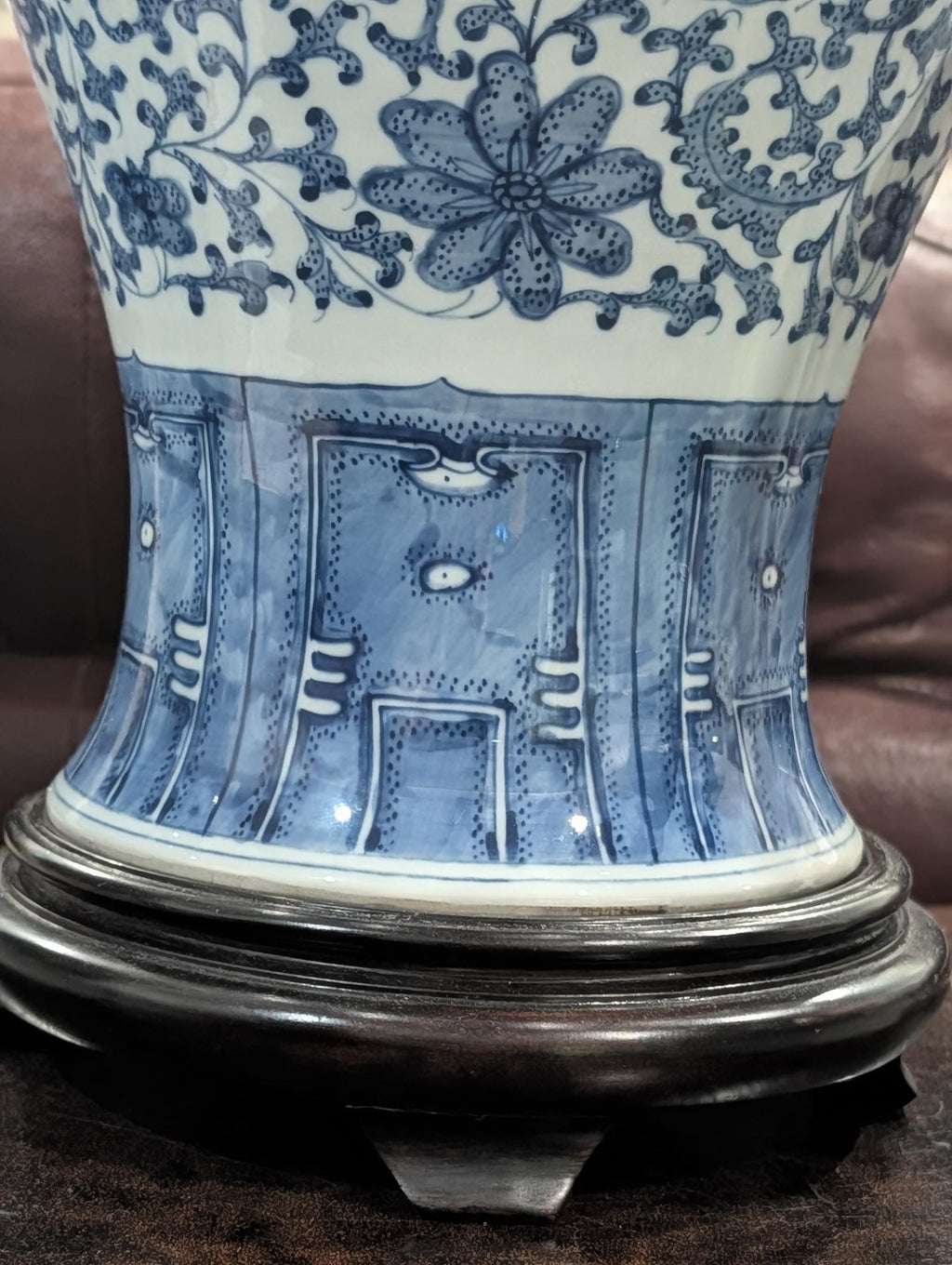 Vintage Blue and White Chinese Porcelain Meiping Vase - Floral Design with Wood Stand