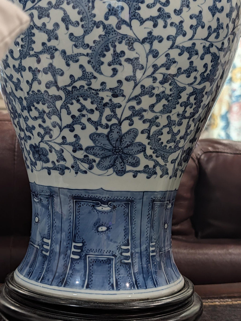 Vintage Blue and White Chinese Porcelain Meiping Vase - Floral Design with Wood Stand