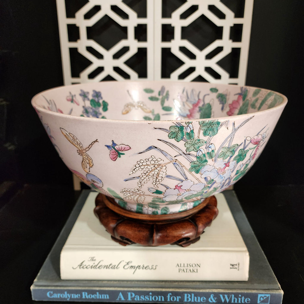 Vintage Famille Rose Bowl: Large 12" Chinoiserie Porcelain with Wood Stand
