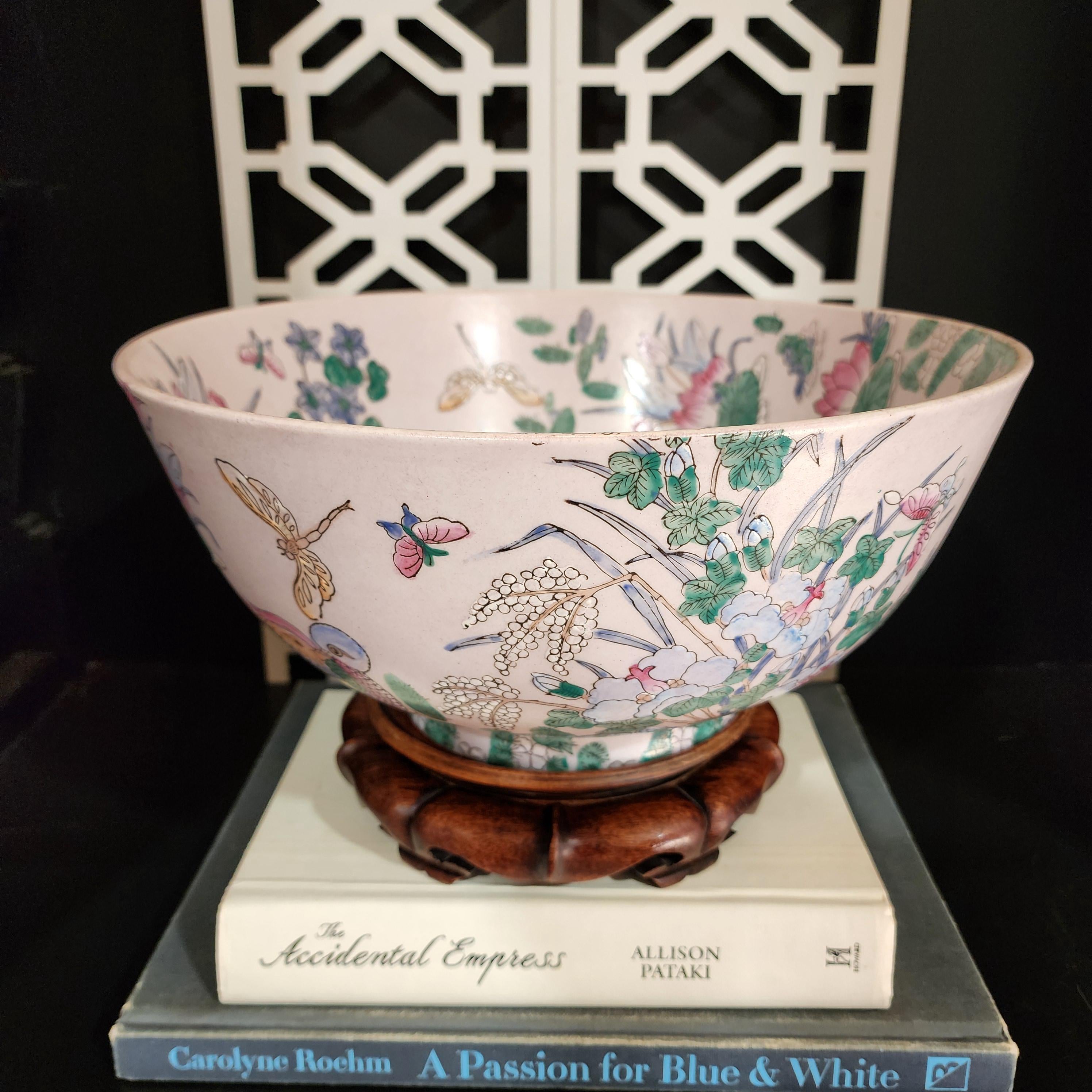Vintage Famille Rose Bowl: Large 12" Chinoiserie Porcelain with Wood Stand