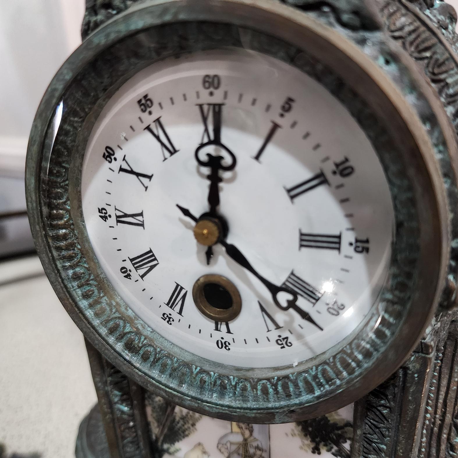 French-Style Antique clock, Bronze with Porcelain Inset Panels –  Windup Working
