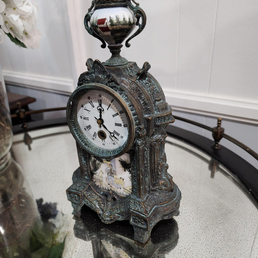 French-Style Antique clock, Bronze with Porcelain Inset Panels –  Windup Working