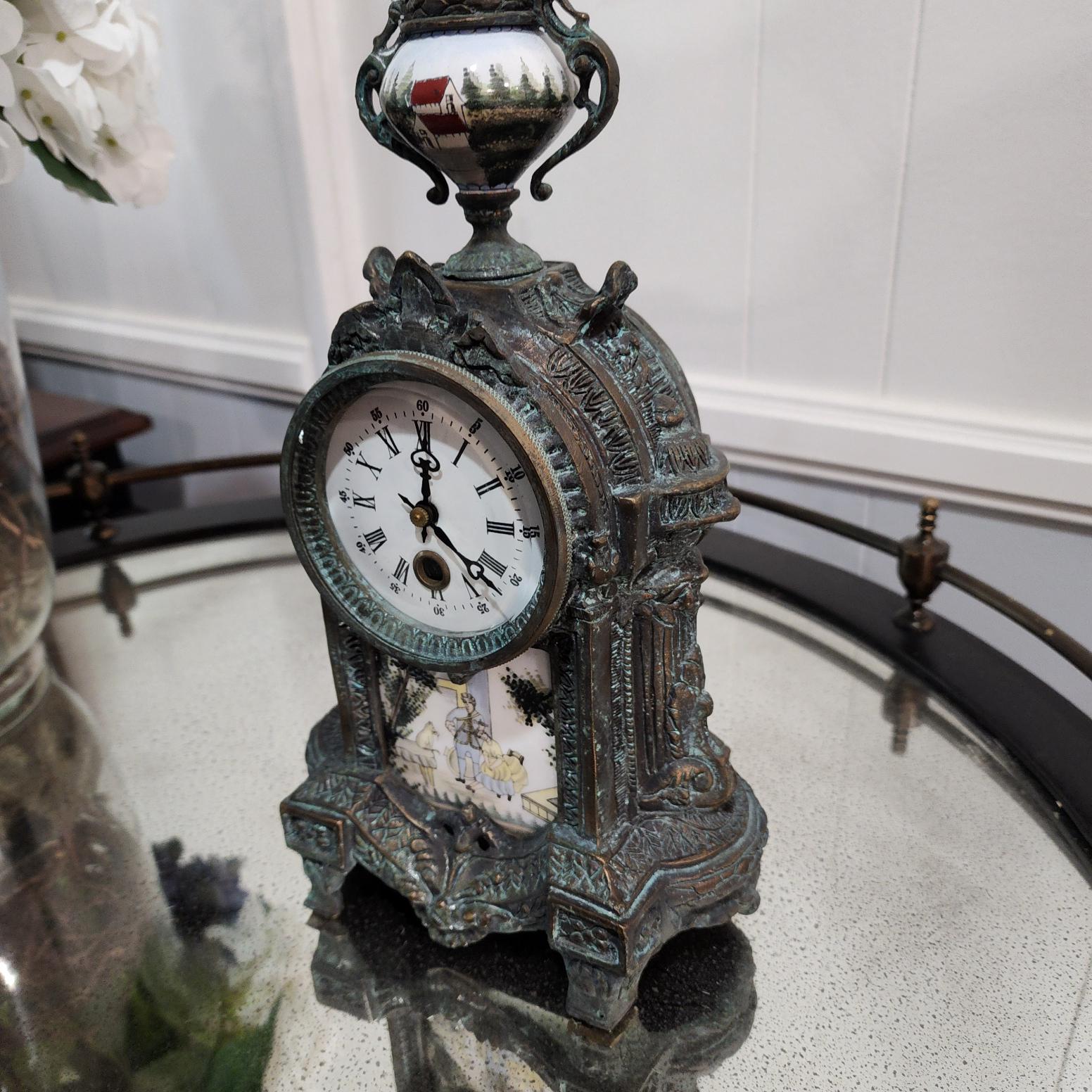 French-Style Antique clock, Bronze with Porcelain Inset Panels –  Windup Working