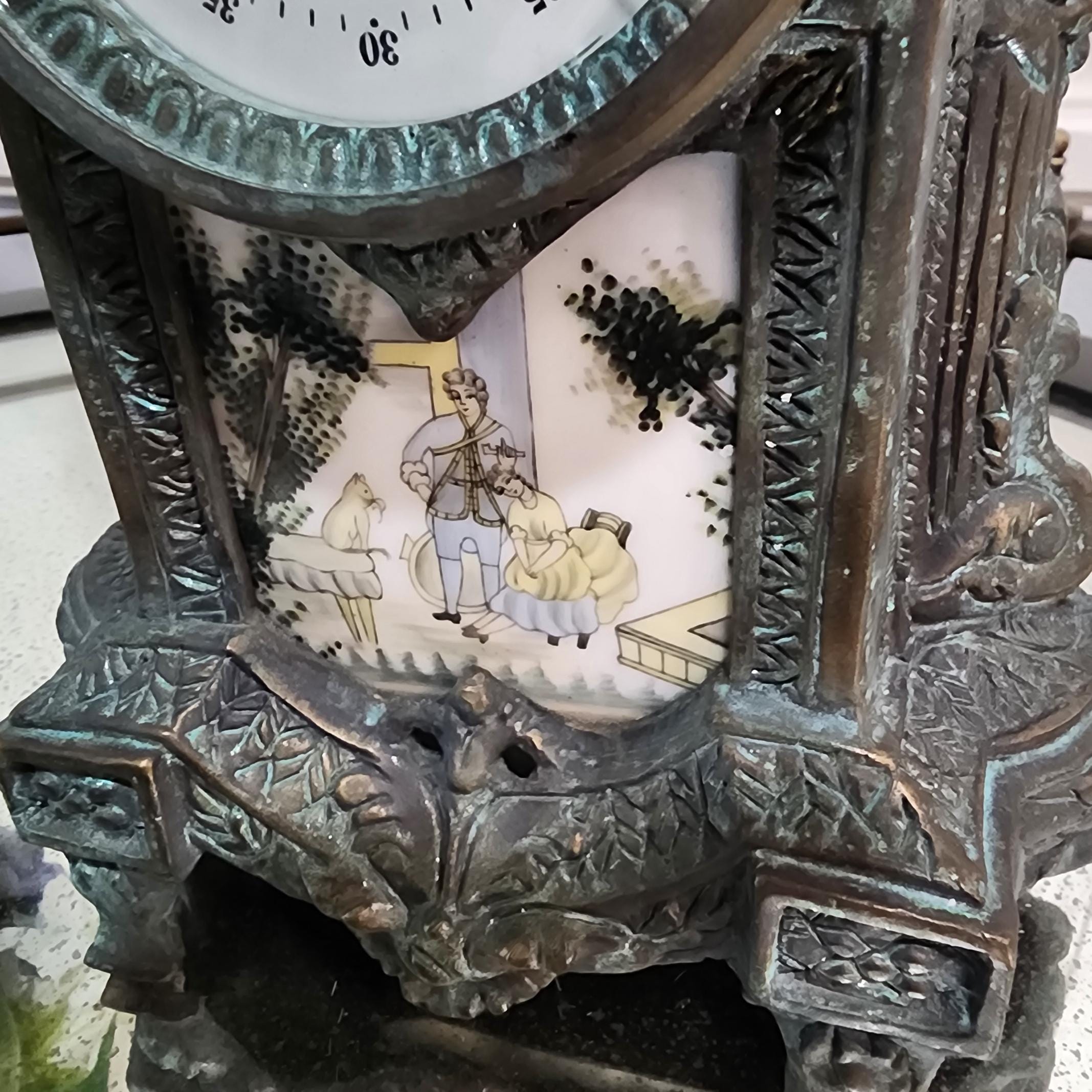 French-Style Antique clock, Bronze with Porcelain Inset Panels –  Windup Working