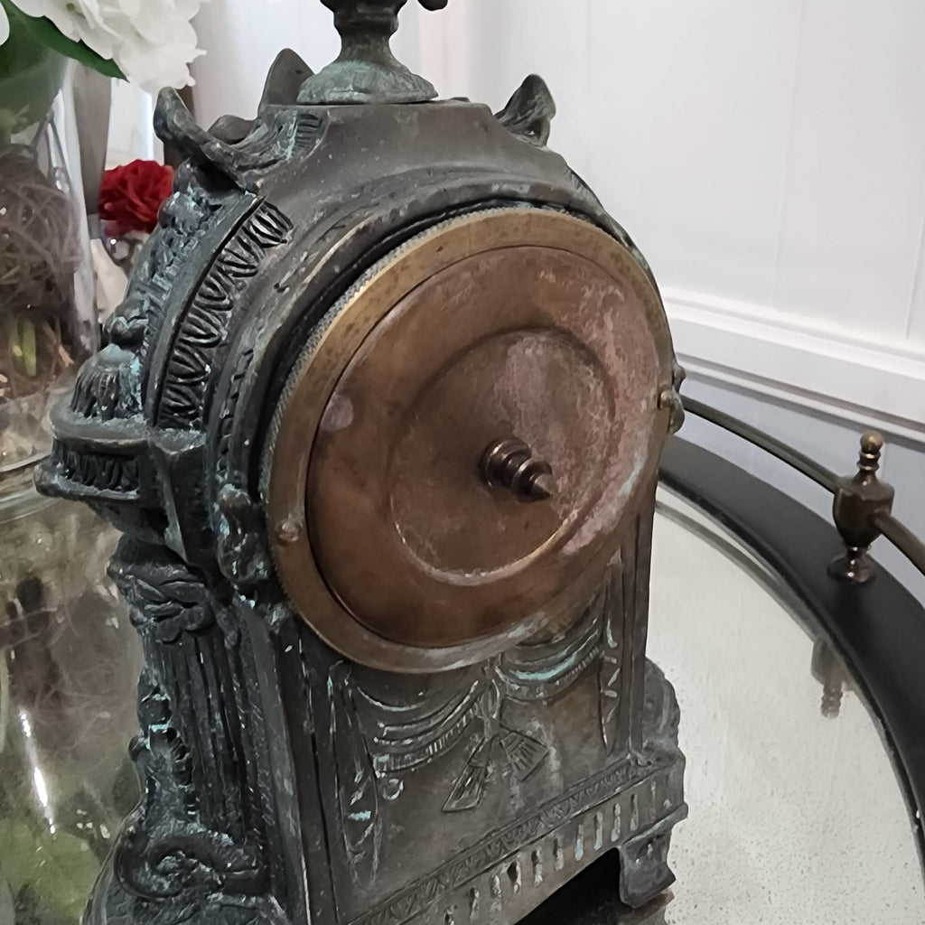 French-Style Antique clock, Bronze with Porcelain Inset Panels –  Windup Working