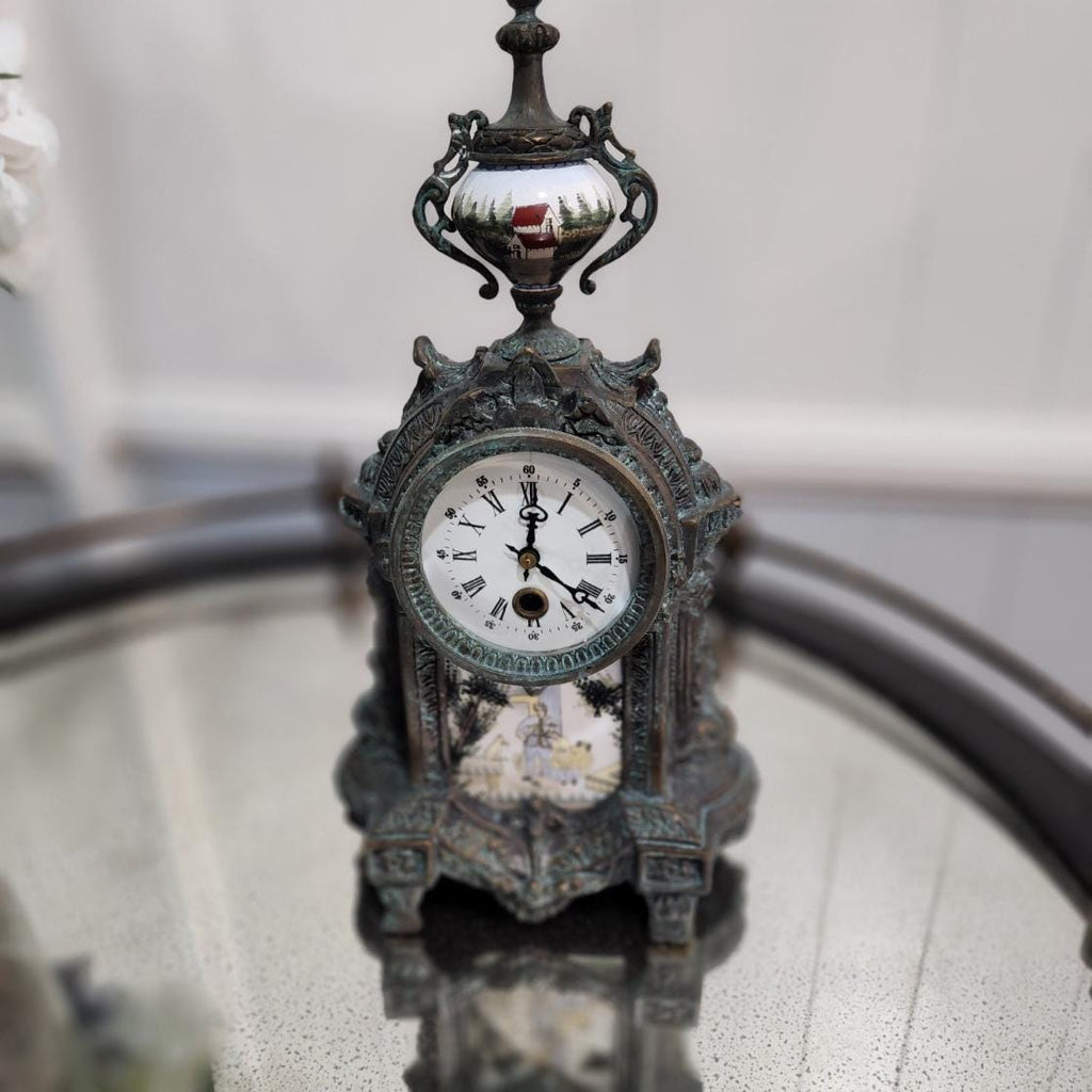 French-Style Antique clock, Bronze with Porcelain Inset Panels –  Windup Working