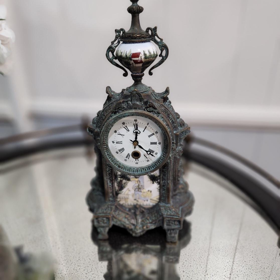 French-Style Antique clock, Bronze with Porcelain Inset Panels –  Windup Working