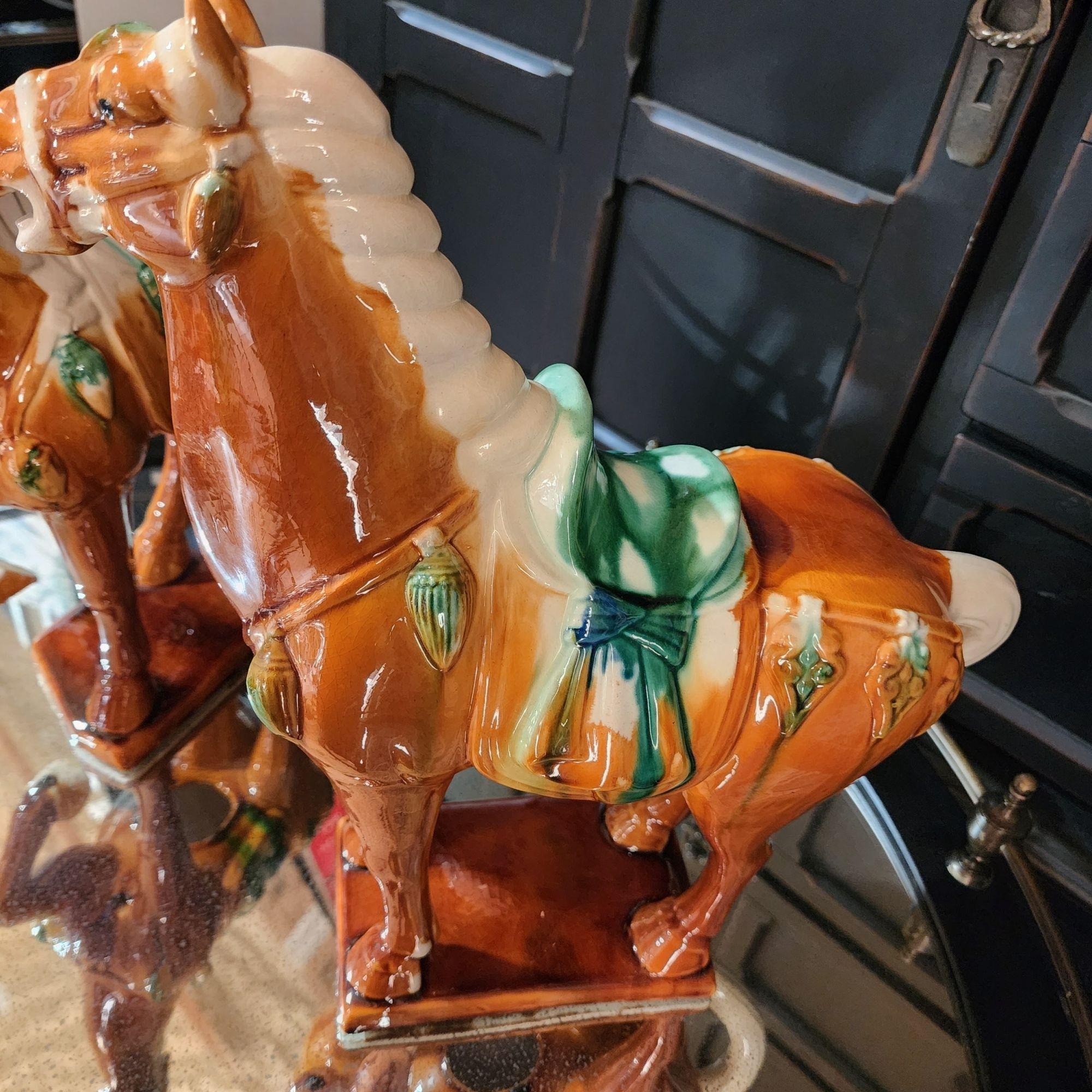 Vintage Tang Horse Figurines Pair 14.5 Inch Tall Chinese, Mid Century Asian Decor
