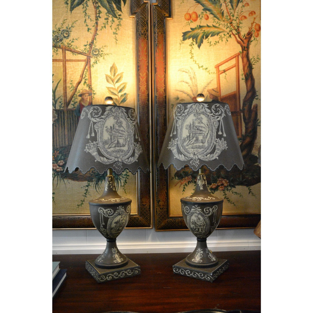 French Vintage Toleware Painted Metal Lamps W/ Shades - Pair