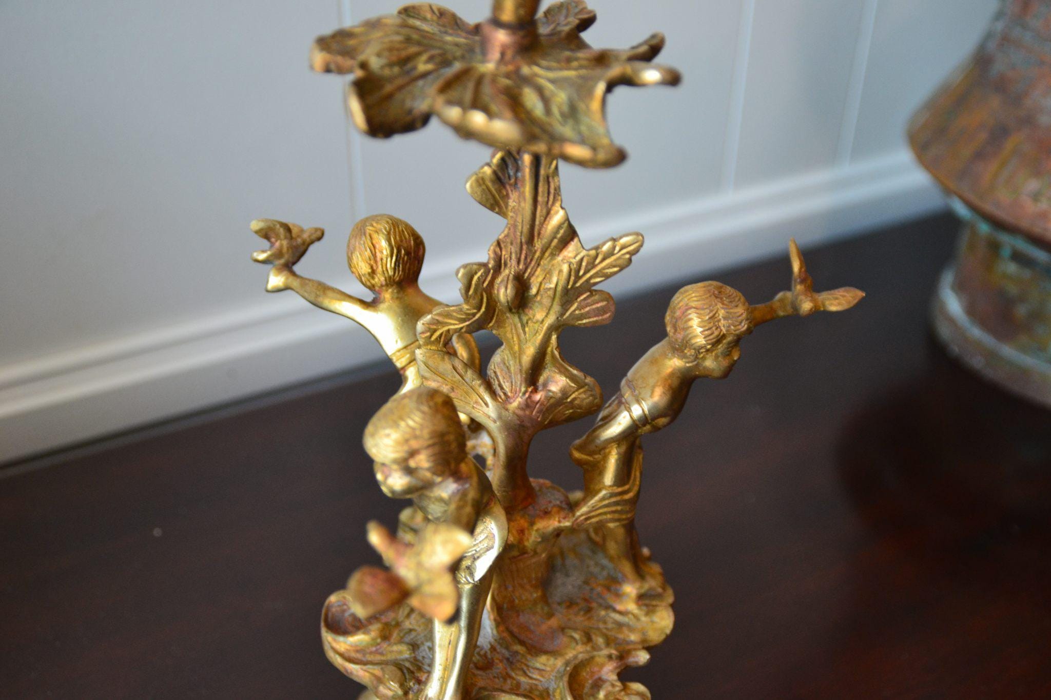 Baroque Antique French  candle holder 19th Century Bronze with Cherubs Doves