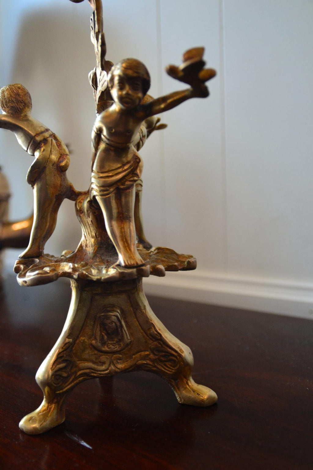 Baroque Antique French  candle holder 19th Century Bronze with Cherubs Doves