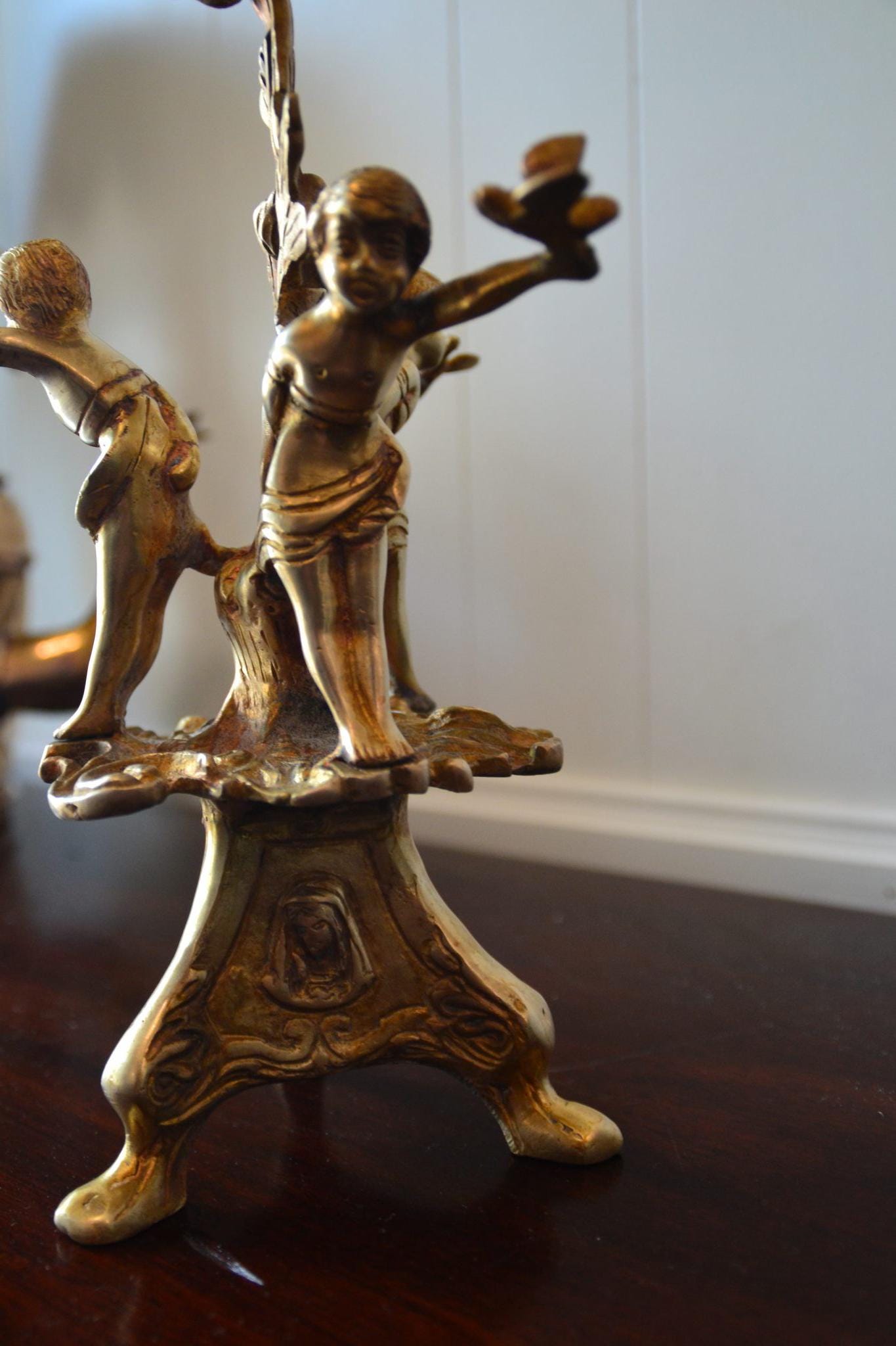 Baroque Antique French  candle holder 19th Century Bronze with Cherubs Doves