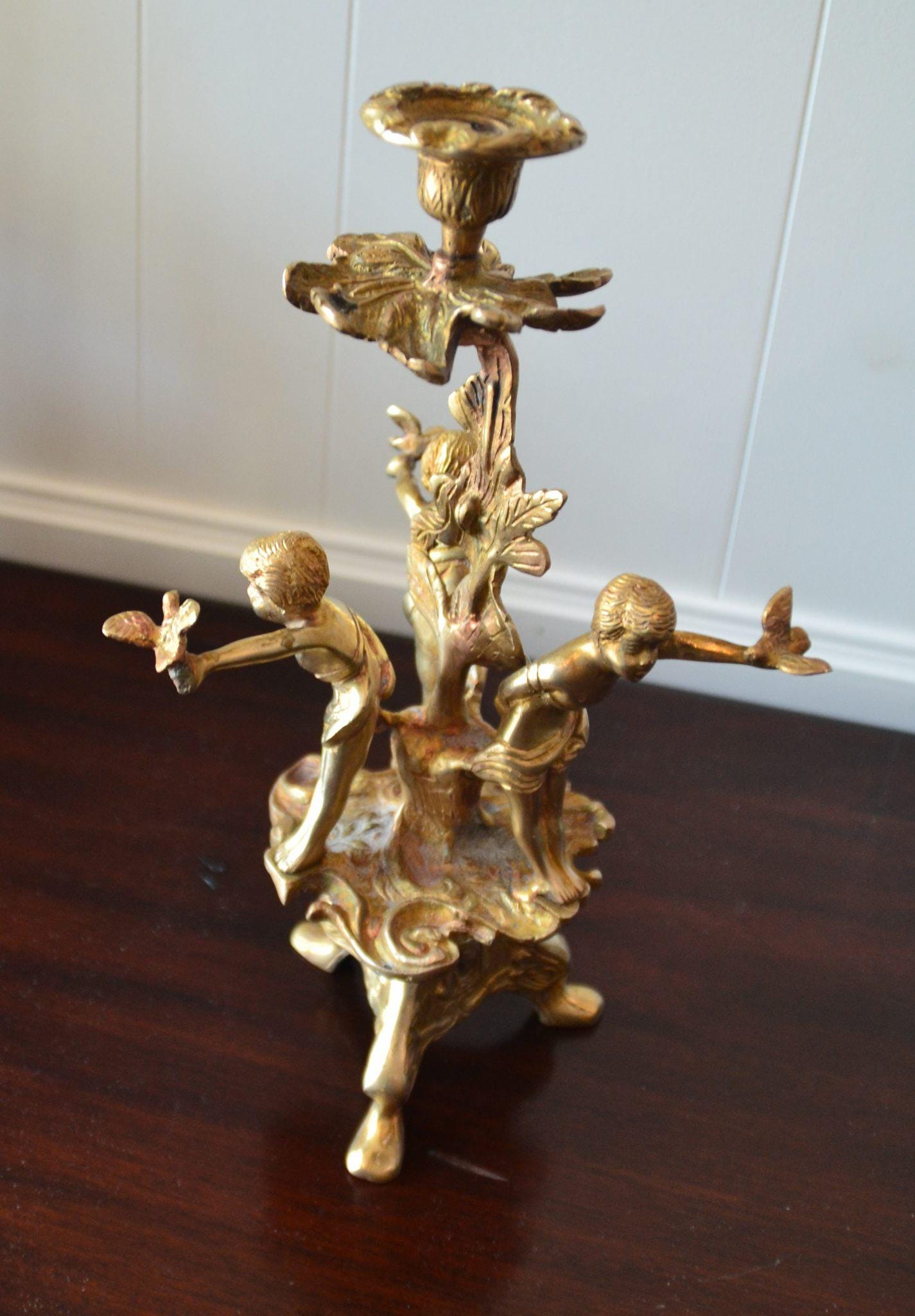 Baroque Antique French  candle holder 19th Century Bronze with Cherubs Doves