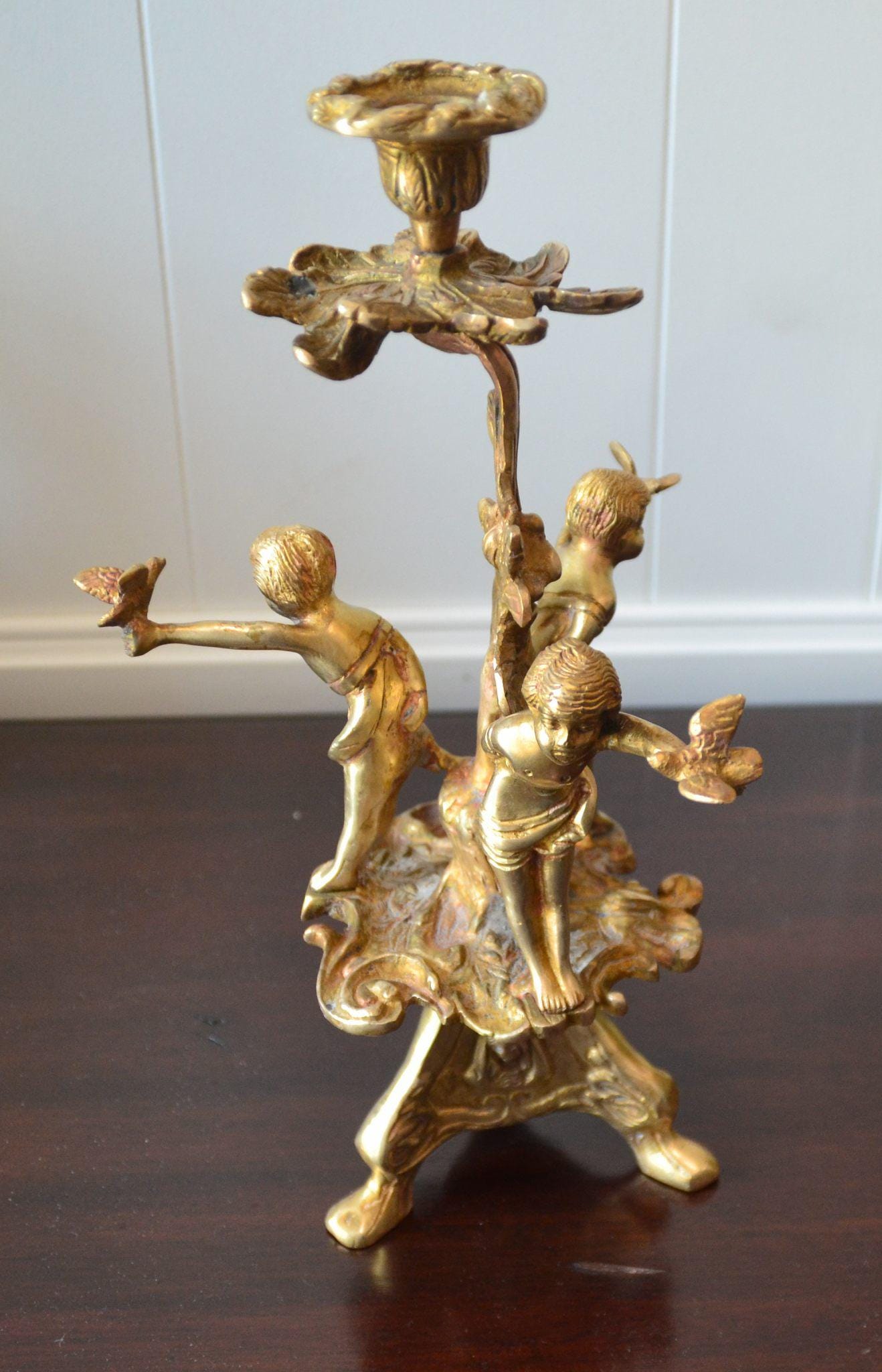 Baroque Antique French  candle holder 19th Century Bronze with Cherubs Doves