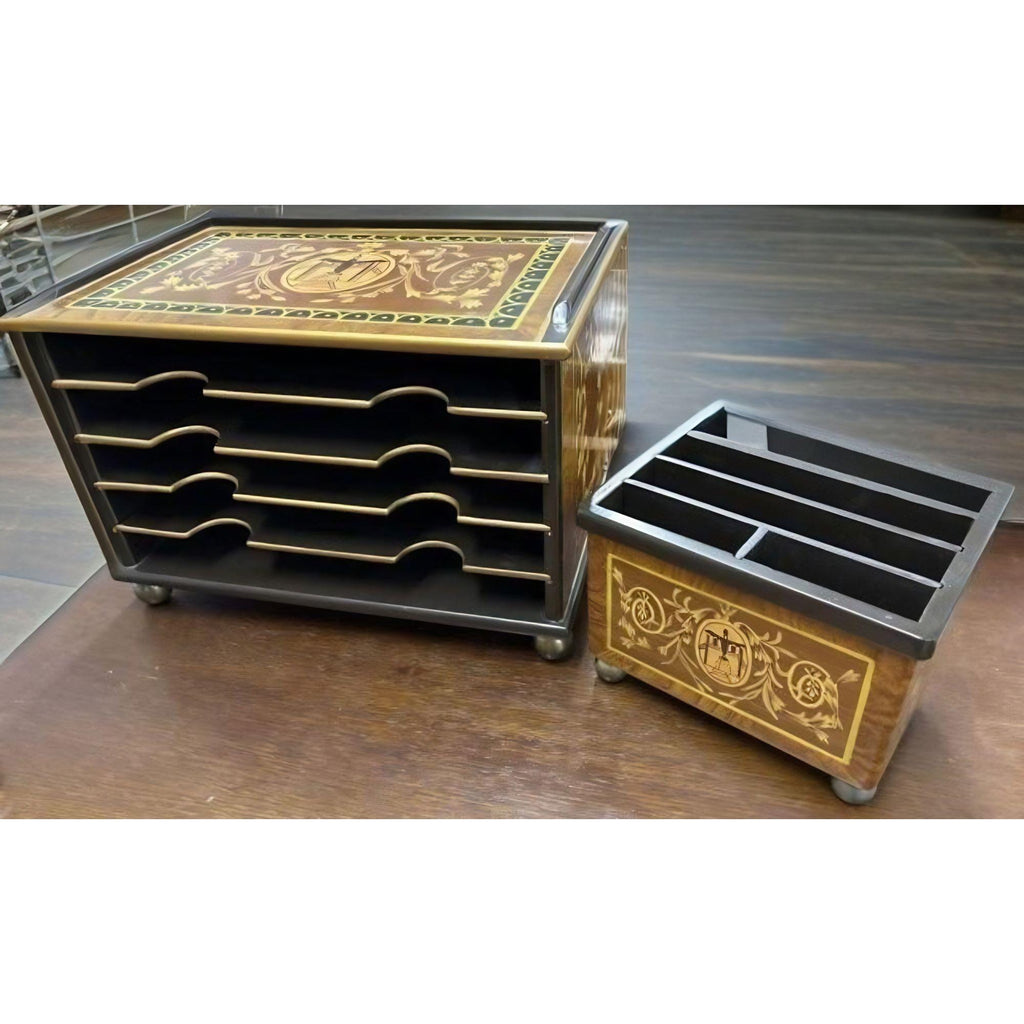Neoclassical Lacquered Wood Executive Desk Organizer & Letter Holder With Intricate Inlay Design