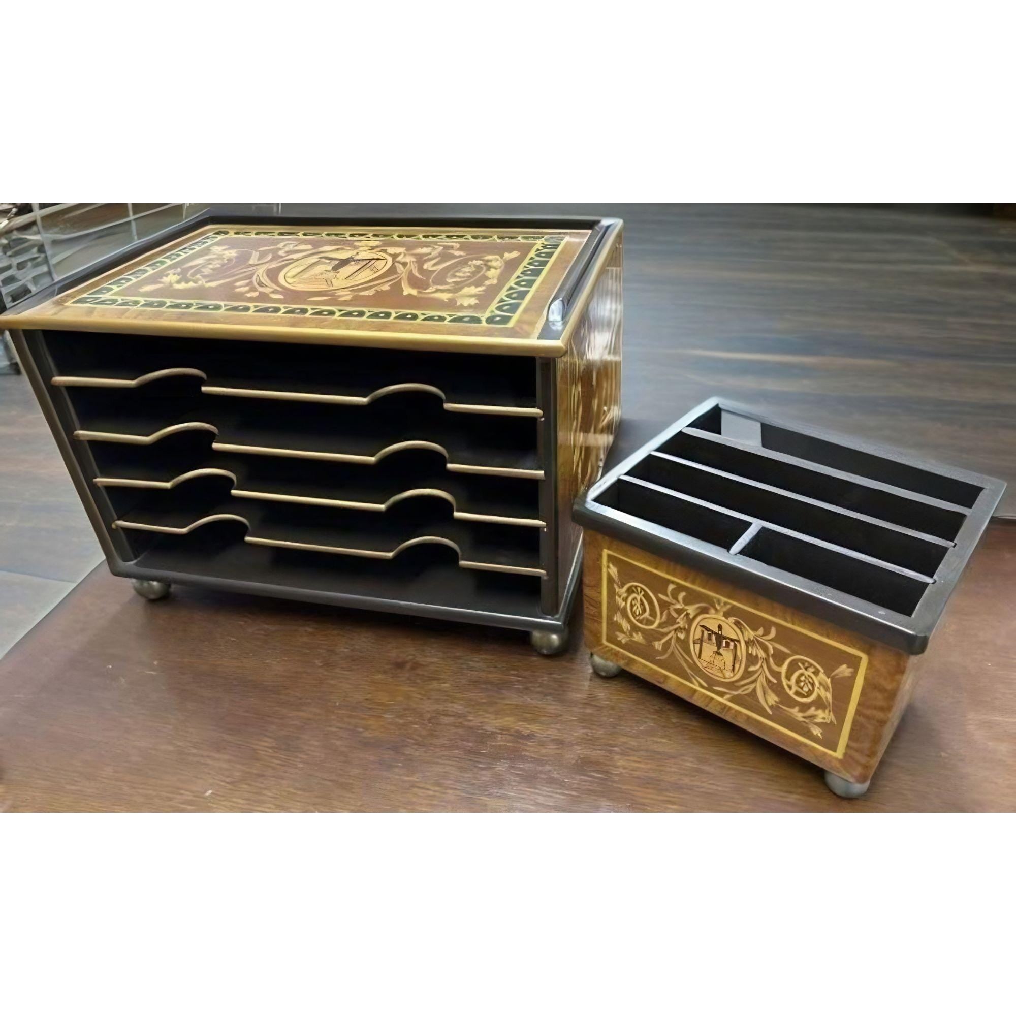 Neoclassical Lacquered Wood Executive Desk Organizer & Letter Holder With Intricate Inlay Design