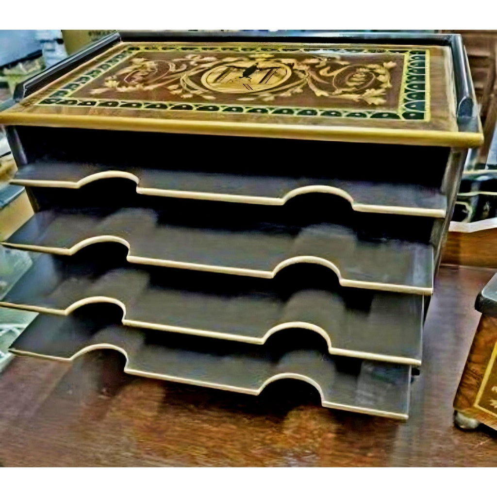 Neoclassical Lacquered Wood Executive Desk Organizer & Letter Holder With Intricate Inlay Design