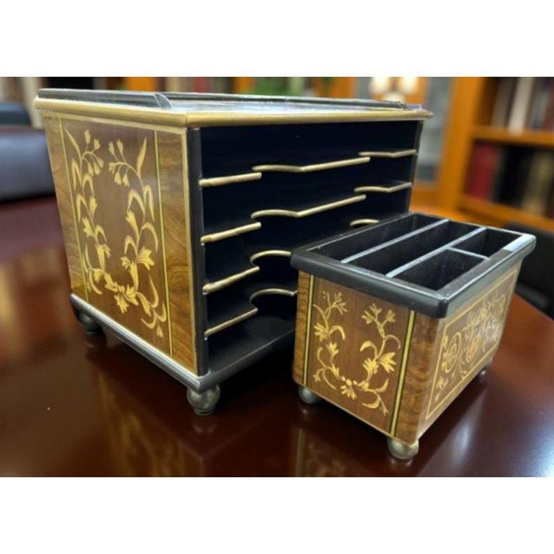 Neoclassical Lacquered Wood Executive Desk Organizer & Letter Holder With Intricate Inlay Design