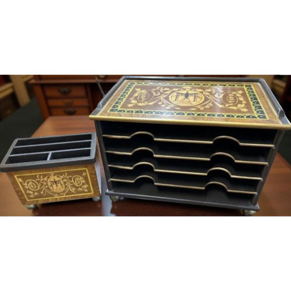 Neoclassical Lacquered Wood Executive Desk Organizer & Letter Holder With Intricate Inlay Design