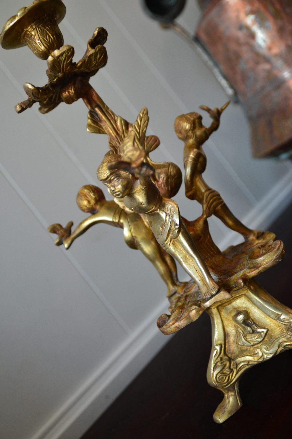 Baroque Antique French  candle holder 19th Century Bronze with Cherubs Doves